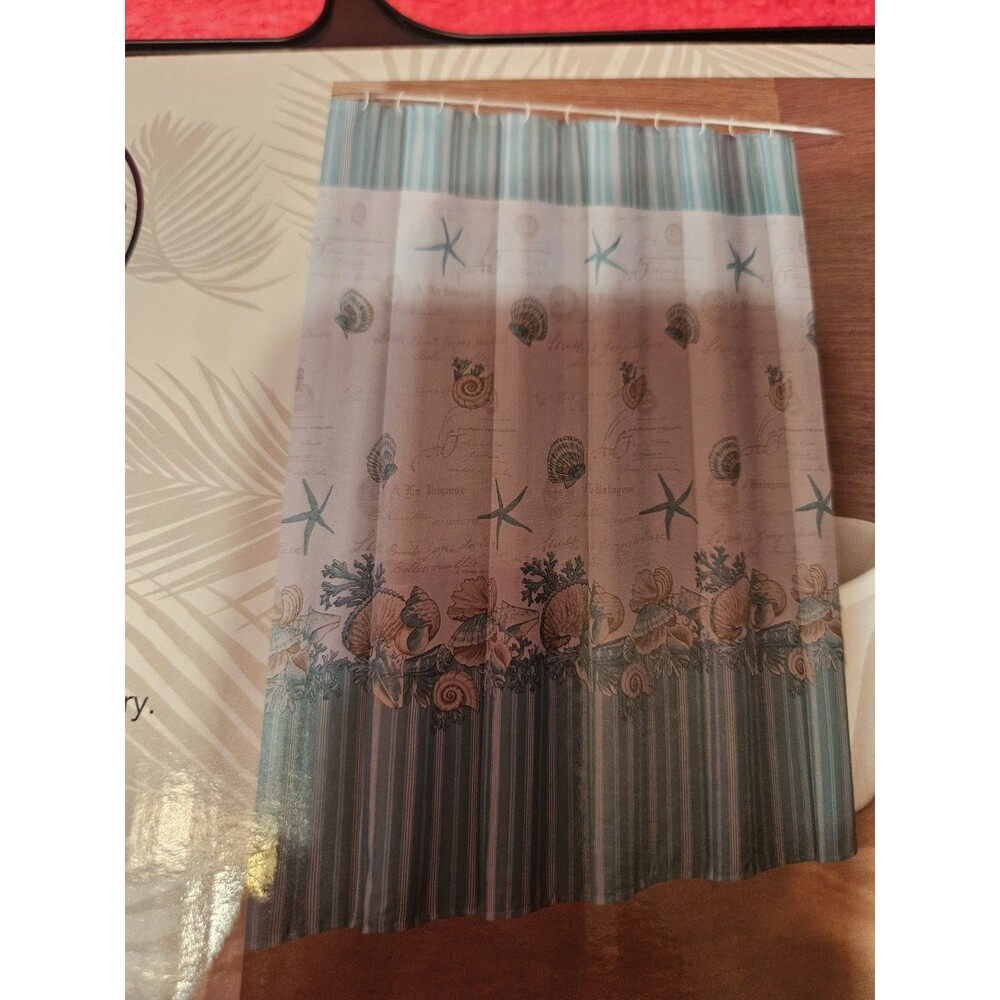 NEW Caribbean Joe Seaside Shell Wreath  Fabric Shower Curtain Teal White 72"x70"